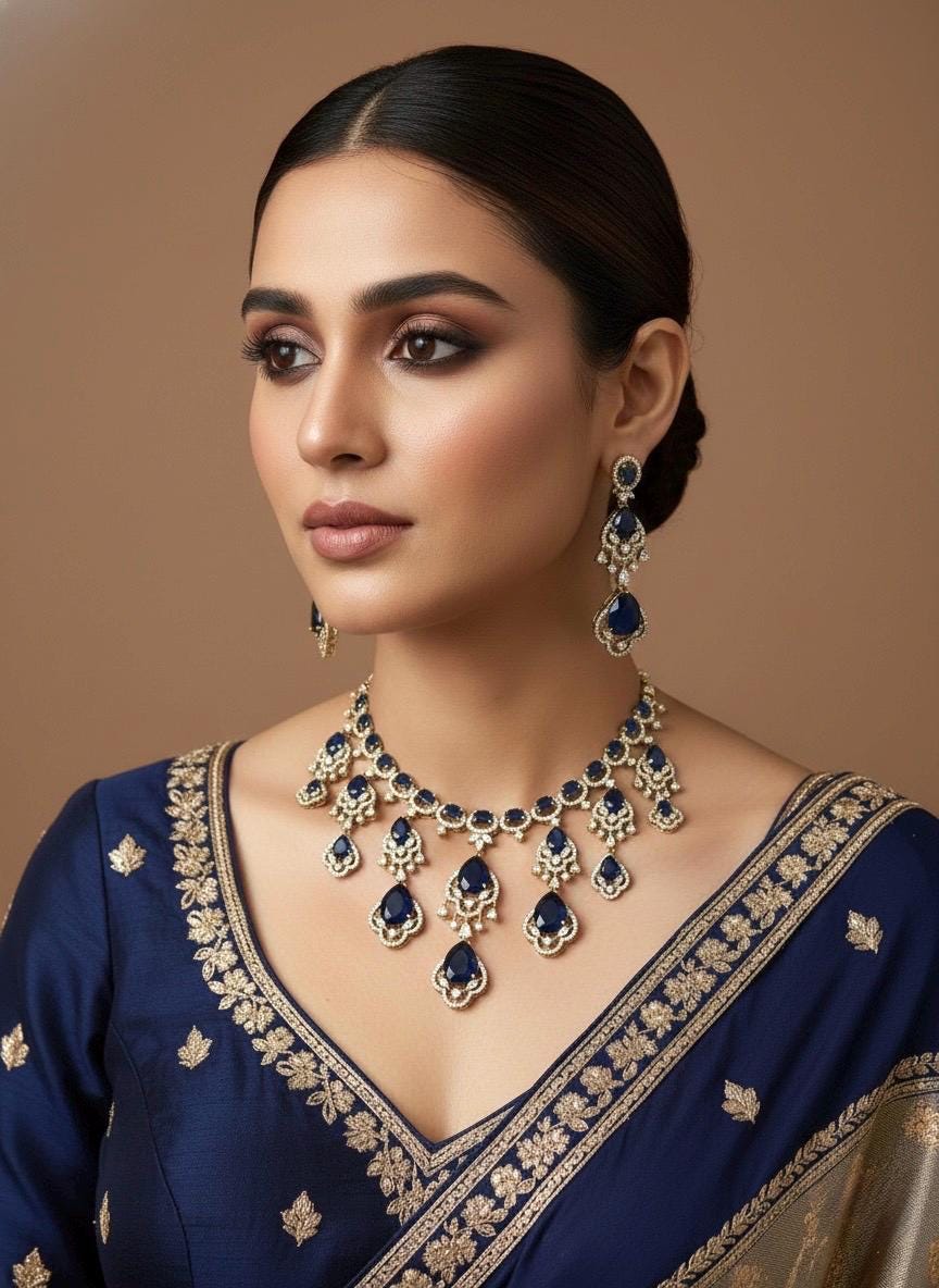 SHAMA navy blue cz and zircon  necklace set in mehndi golden polish, Indian pakistani bridal  jewelry in blue colour and antique polish