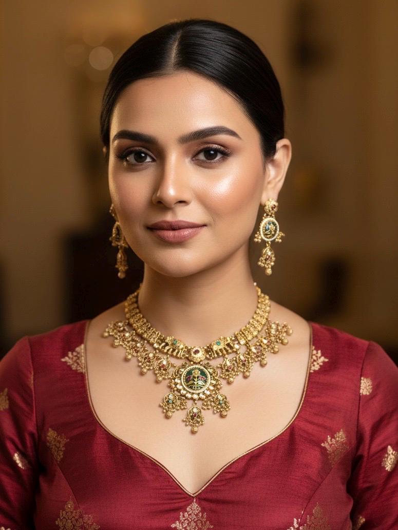 KAVERI Gold tone Heritage jewelry, Indian  matt golden South Indian temple jewelry, ethnic traditional necklace set