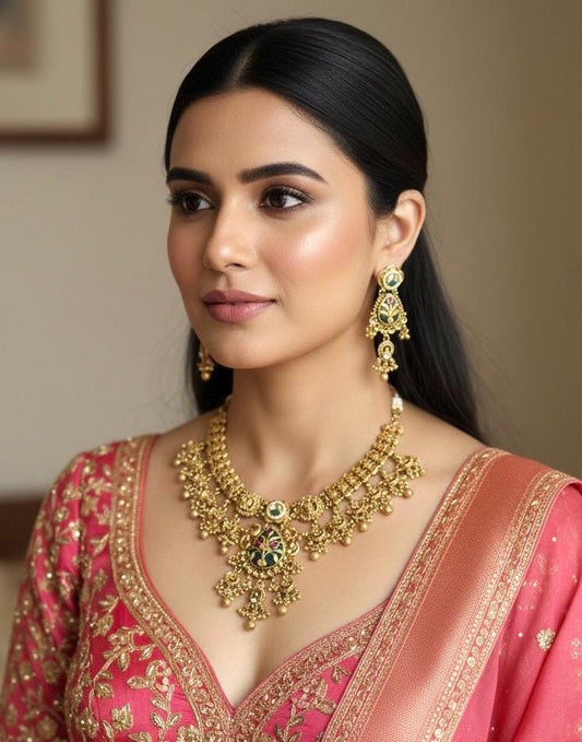 IDIKA Gold tone Heritage jewelry, Indian  matt golden South Indian temple jewelry, ethnic traditional necklace set