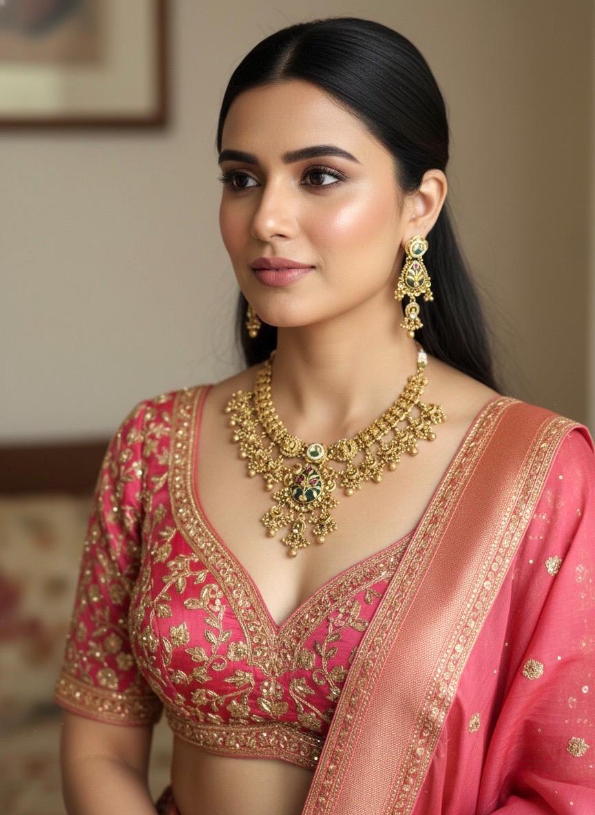 IDIKA Gold tone Heritage jewelry, Indian  matt golden South Indian temple jewelry, ethnic traditional necklace set