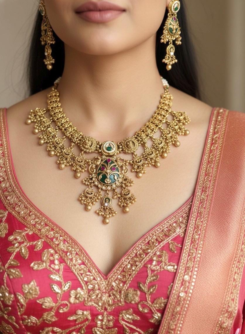 IDIKA Gold tone Heritage jewelry, Indian  matt golden South Indian temple jewelry, ethnic traditional necklace set