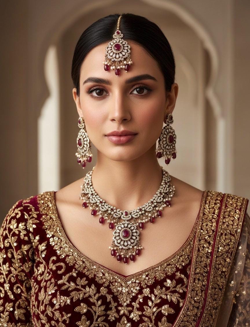 RAZIA Ruby Kundan and cz zircon necklace earrings and maangtika,Indian Pakistani traditional jewelery in Victorian style