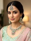 RAZIA Mint pink Kundan and cz zircon necklace earrings and maangtika,Indian Pakistani traditional jewelery in Victorian style