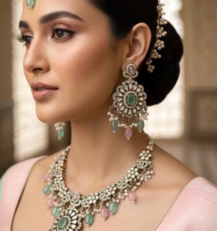 RAZIA Mint pink Kundan and cz zircon necklace earrings and maangtika,Indian Pakistani traditional jewelery in Victorian style