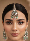 RAZIA Mint pink Kundan and cz zircon necklace earrings and maangtika,Indian Pakistani traditional jewelery in Victorian style