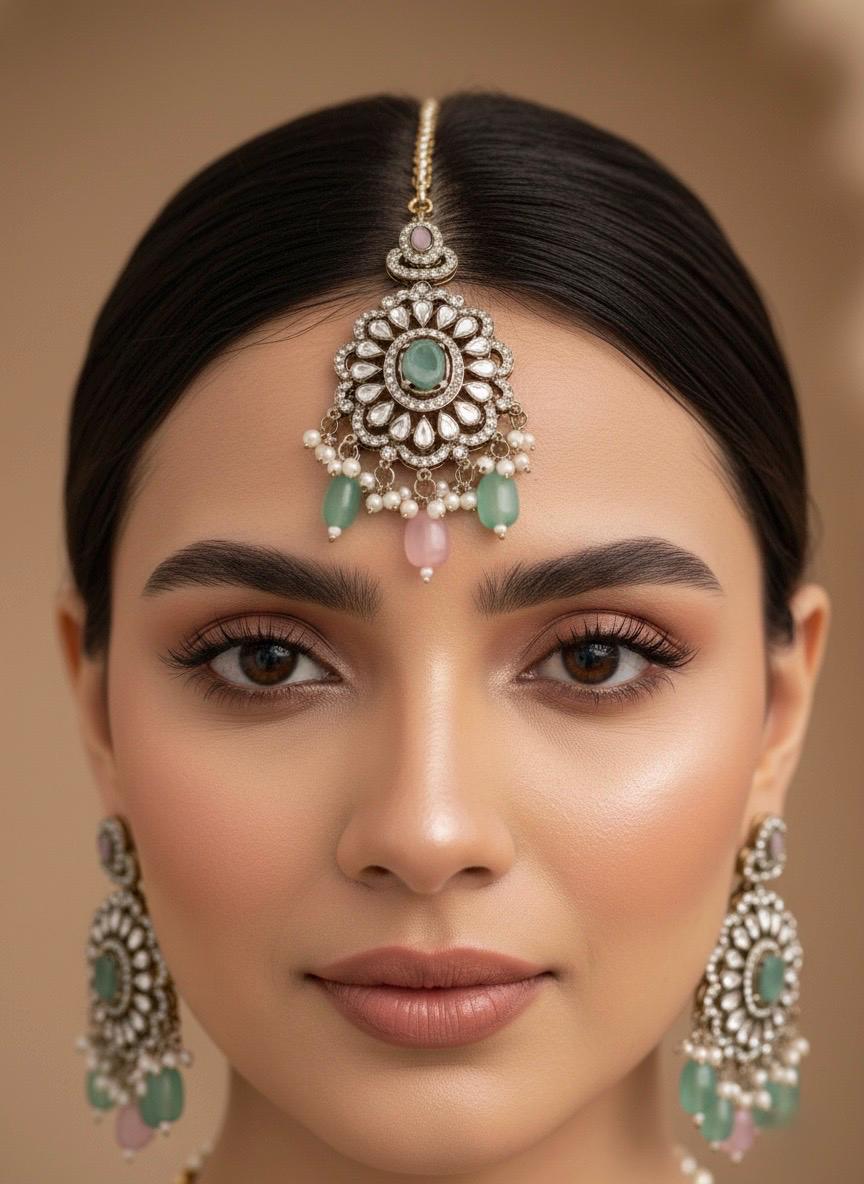RAZIA Mint pink Kundan and cz zircon necklace earrings and maangtika,Indian Pakistani traditional jewelery in Victorian style