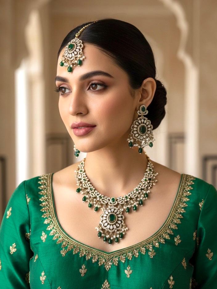 RAZIA Green Kundan and cz zircon necklace earrings and maangtika,Indian Pakistani traditional jewelery in Victorian style
