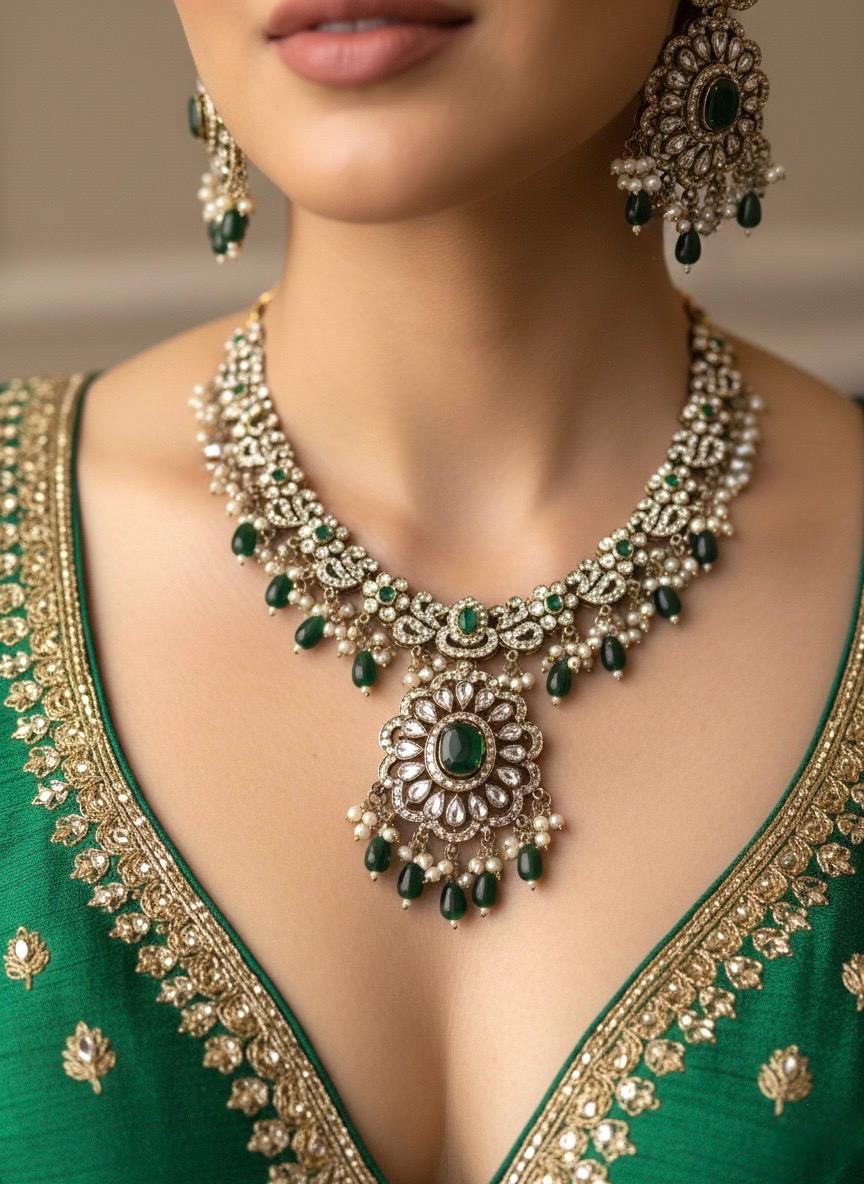 RAZIA Green Kundan and cz zircon necklace earrings and maangtika,Indian Pakistani traditional jewelery in Victorian style