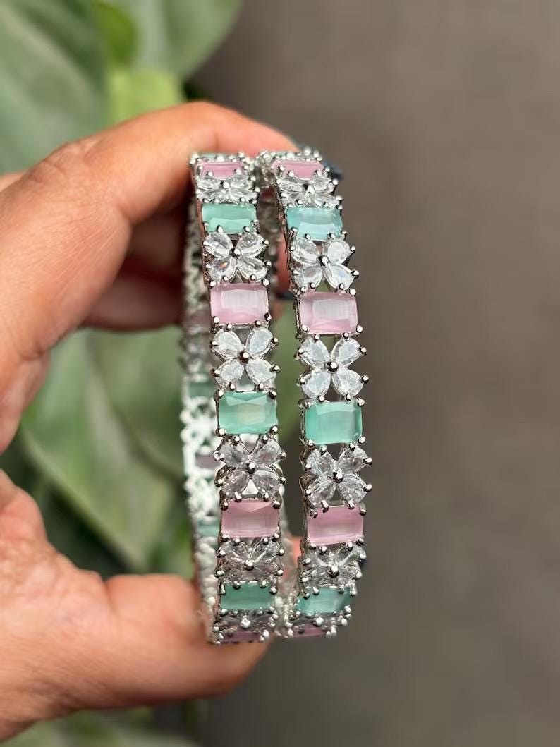 SIMI American diamond bangle set in mint pink stones, AD bangle set,cz zircon ,bridal,indian bangles,pakistani bangles, mint green pink