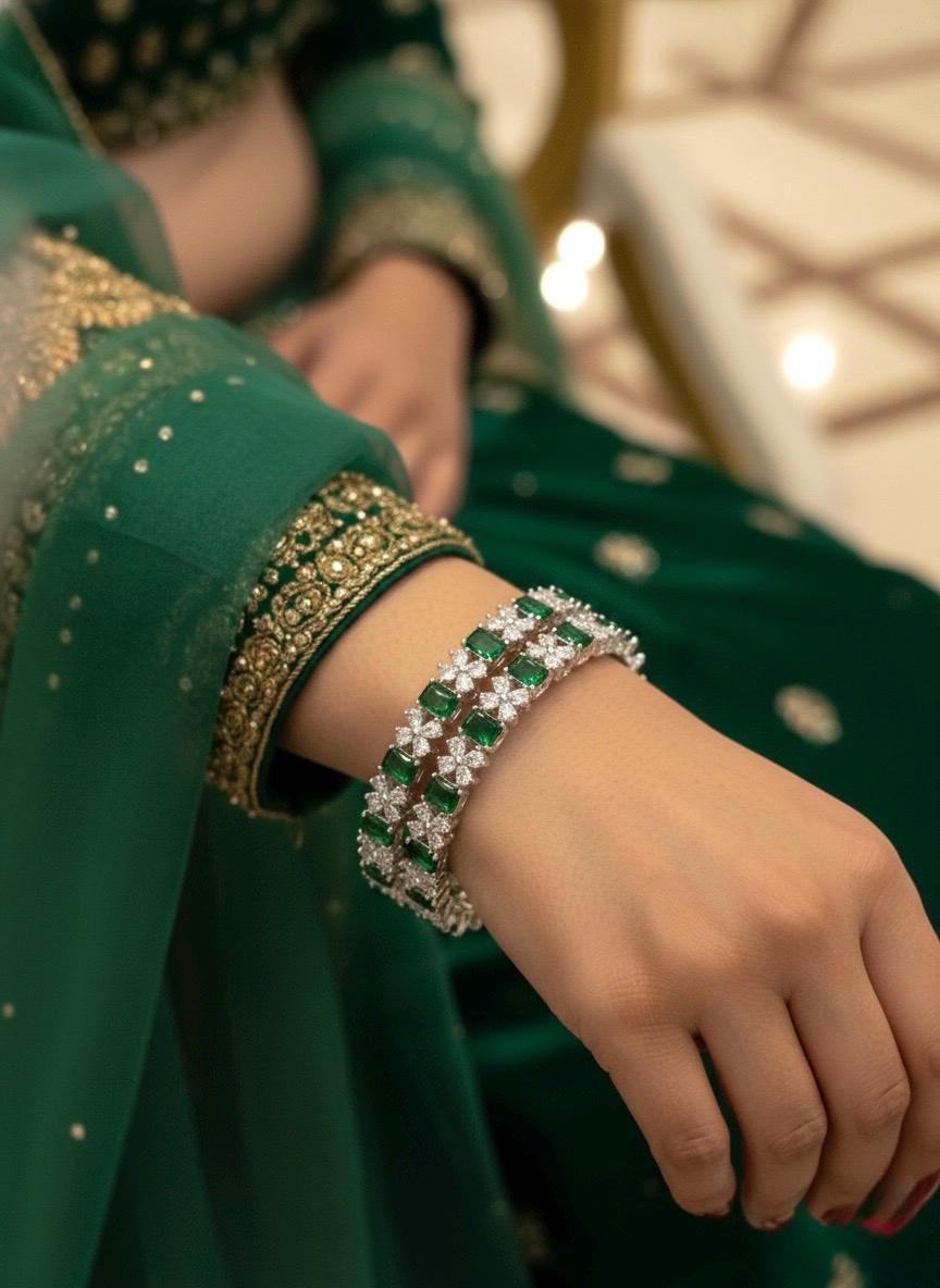 SIMI American diamond bangle set in Emerald Green stones, AD bangle set,cz zircon ,bridal,indian bangles,pakistani bangles, green silver
