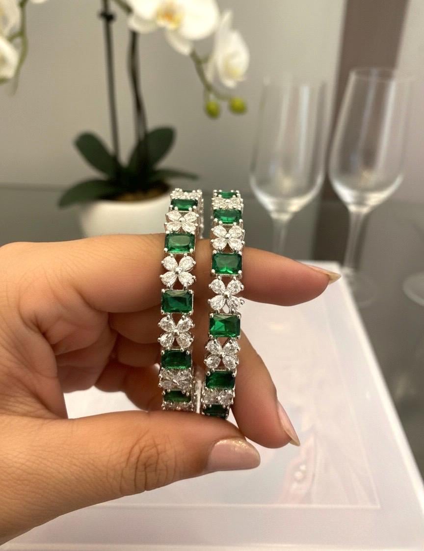 SIMI American diamond bangle set in Emerald Green stones, AD bangle set,cz zircon ,bridal,indian bangles,pakistani bangles, green silver