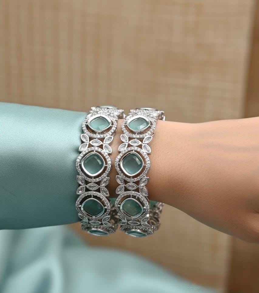 SEHEJ American diamond bangle set in mint stones, AD bangle set,cz zircon ,bridal,indian bangles,pakistani bangles, mint green bangle kadas