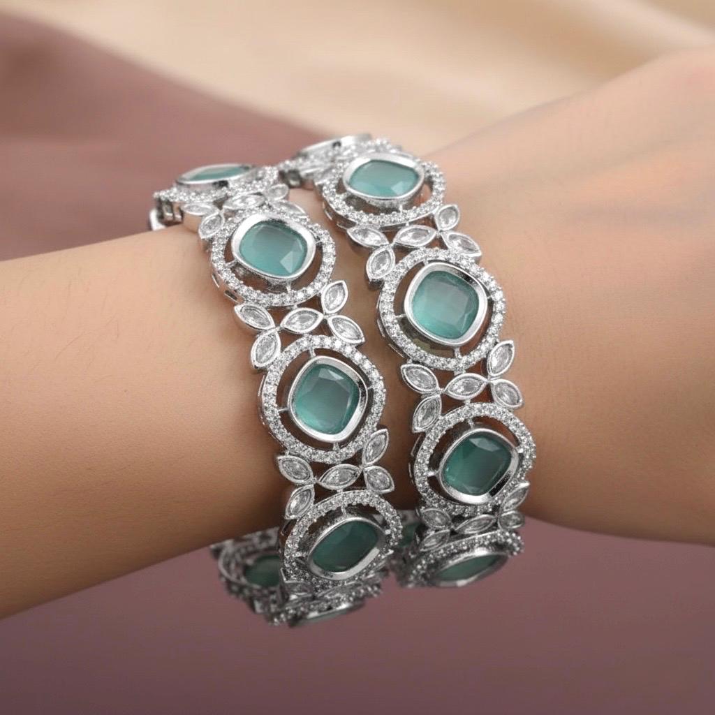 SEHEJ American diamond bangle set in mint stones, AD bangle set,cz zircon ,bridal,indian bangles,pakistani bangles, mint green bangle kadas