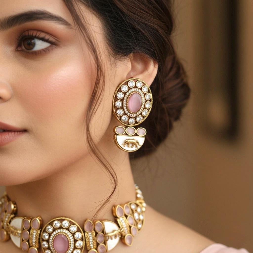 NIYA Sabyasachi inspired  pink kundan choker with Earrings, Indian Pakistani traditional wedding jewelry,  pink colour necklace set