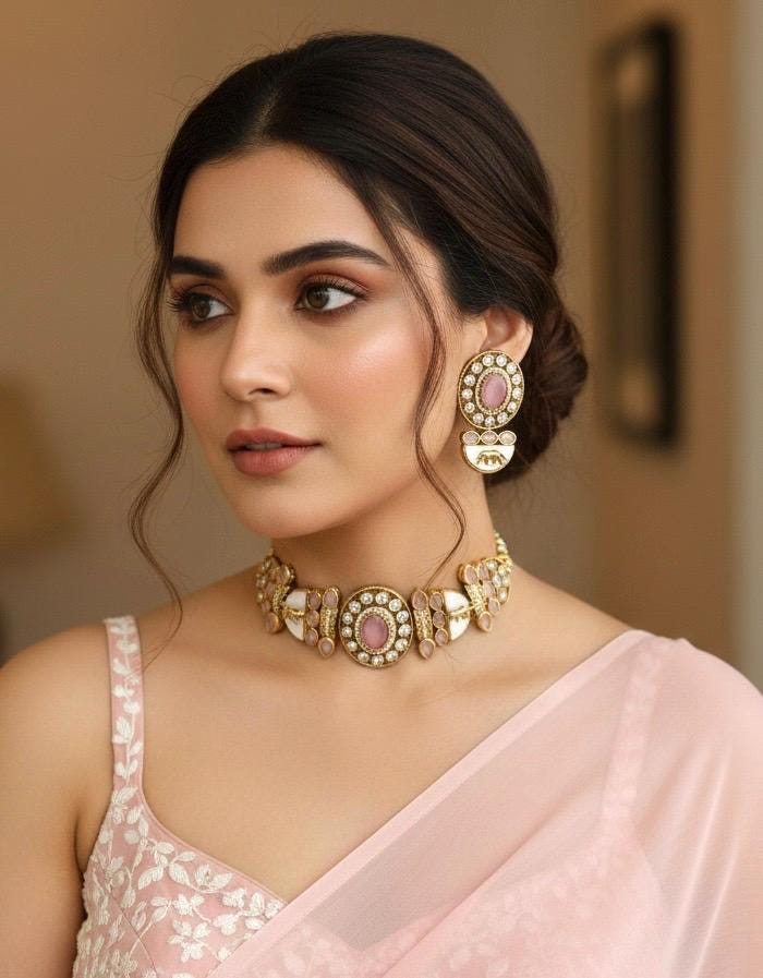 NIYA Sabyasachi inspired  pink kundan choker with Earrings, Indian Pakistani traditional wedding jewelry,  pink colour necklace set