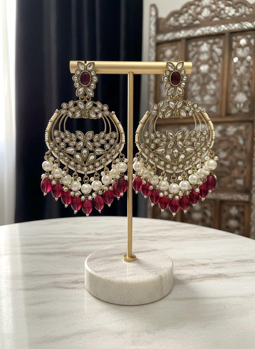 LIA Ruby maroon Royal Kundan chandbali earrings in golden tone, Indian traditional Earrings,Pakistani Wedding bridal Jewelry