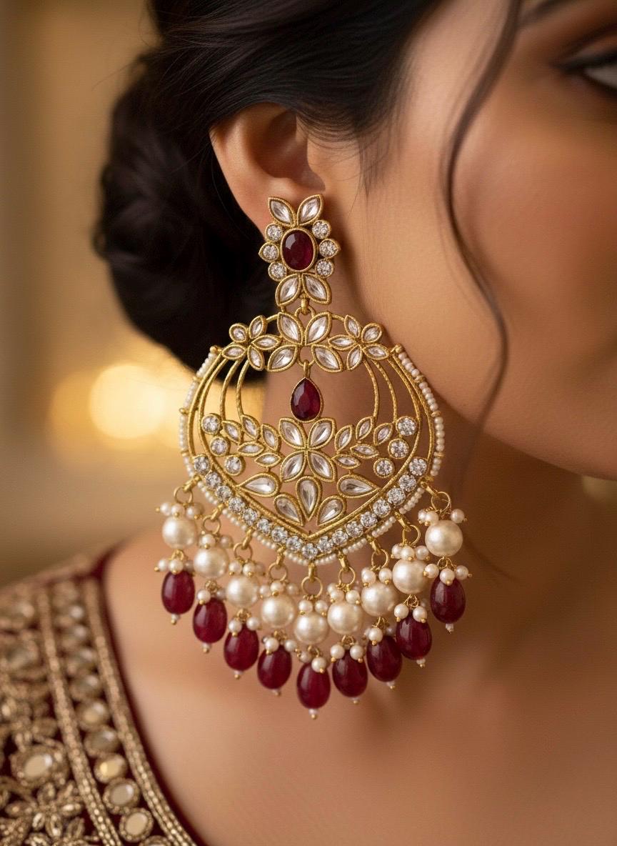 LIA Ruby maroon Royal Kundan chandbali earrings in golden tone, Indian traditional Earrings,Pakistani Wedding bridal Jewelry