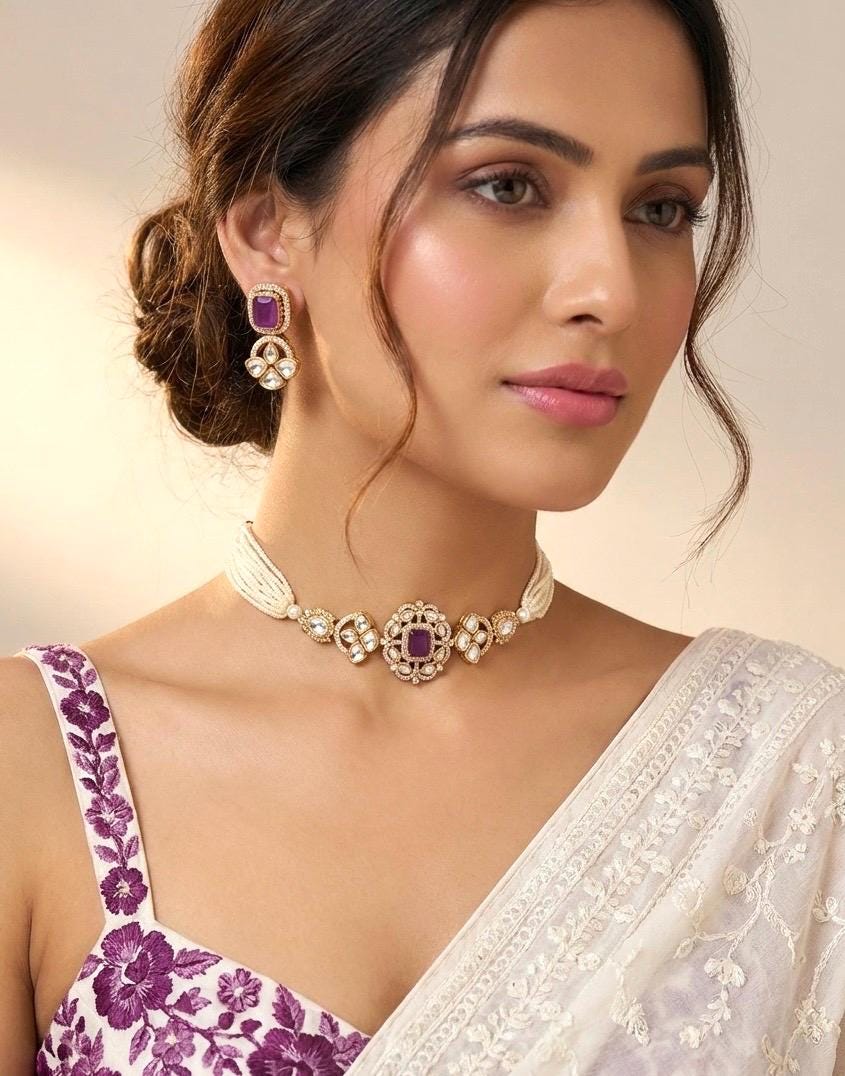 LAVYA Purple Doublet Stone Choker Necklace Set with Earrings,Indian Pakistani wedding jewelry