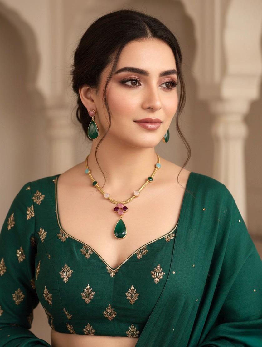 EKA Multicoloured Victorian style  necklace set and earrings ,Indo western fusion jewelry