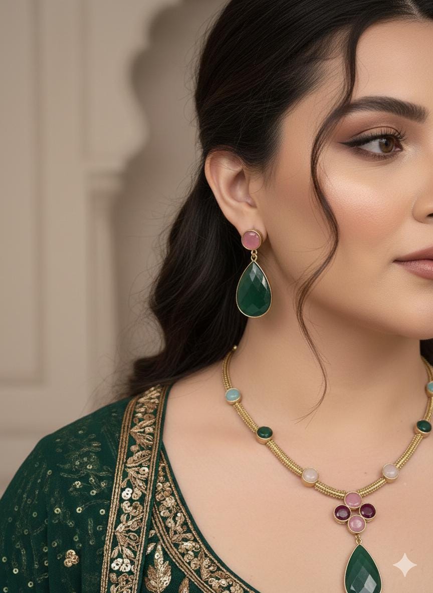EKA Multicoloured Victorian style  necklace set and earrings ,Indo western fusion jewelry