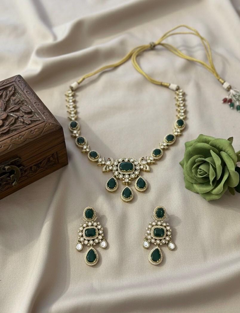 KETAKI Green Necklace and earrings set, Indian Pakistani traditional jewelry, green colour Kundan set