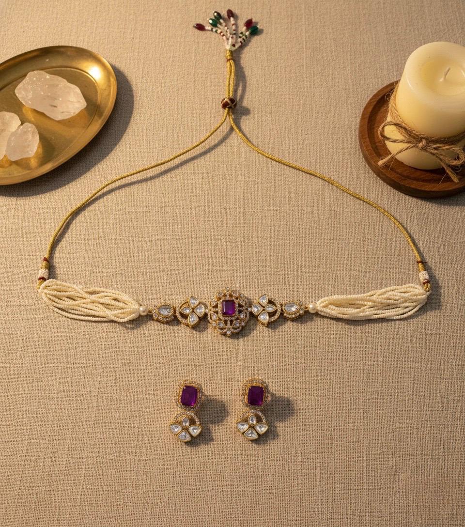 LAVYA Purple Doublet Stone Choker Necklace Set with Earrings,Indian Pakistani wedding jewelry