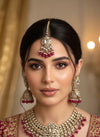 TANJINA Deep Ruby pink and golden cz Kundan choker necklace set with maangtika, Indian Pakistani wedding bridal jewelry