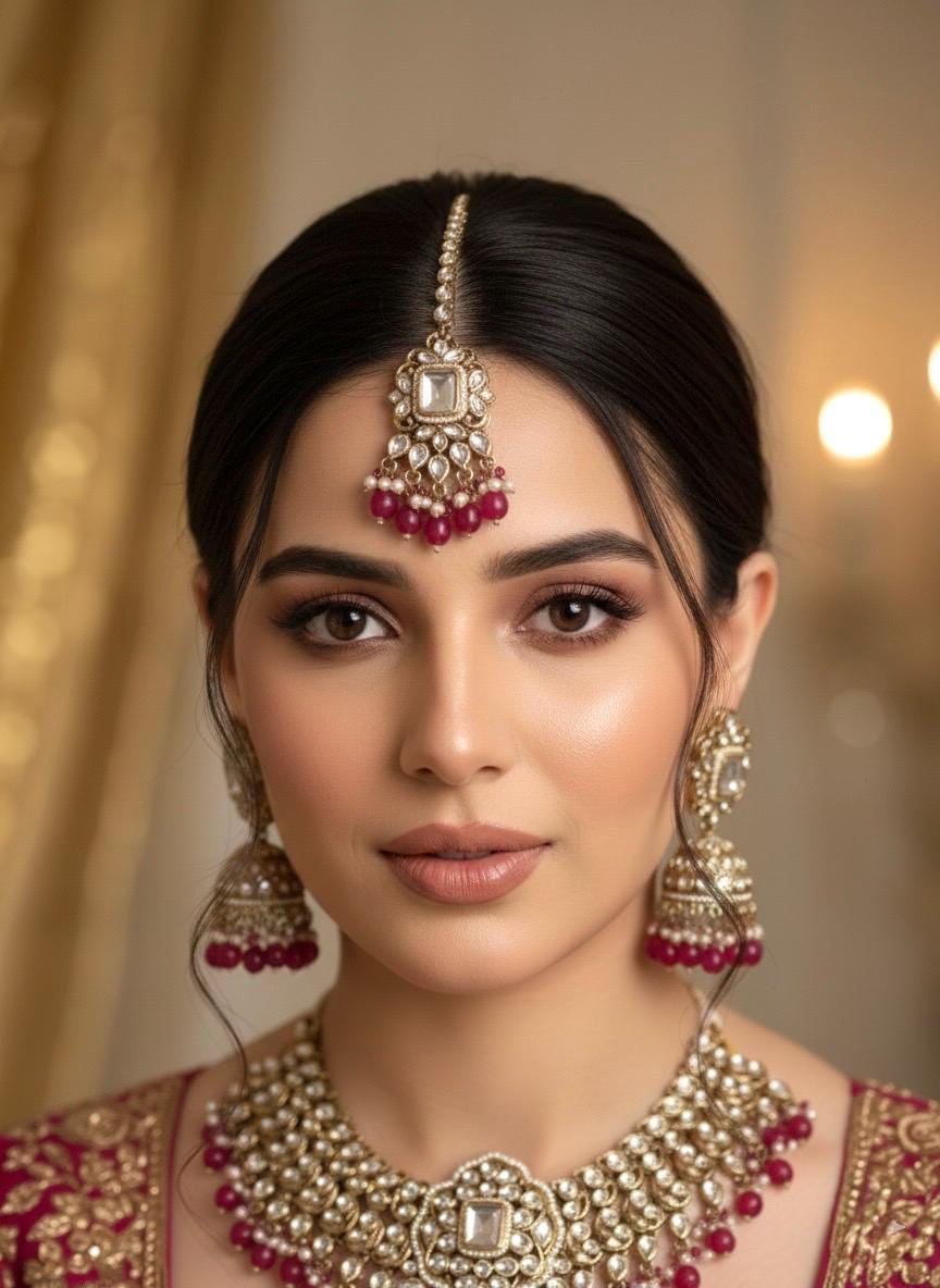 TANJINA Deep Ruby pink and golden cz Kundan choker necklace set with maangtika, Indian Pakistani wedding bridal jewelry