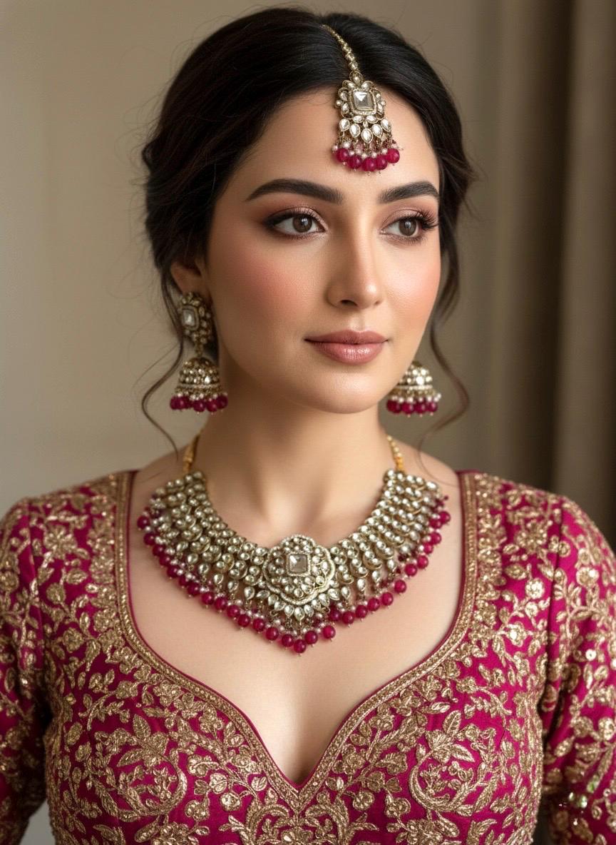 TANJINA Deep Ruby pink and golden cz Kundan choker necklace set with maangtika, Indian Pakistani wedding bridal jewelry