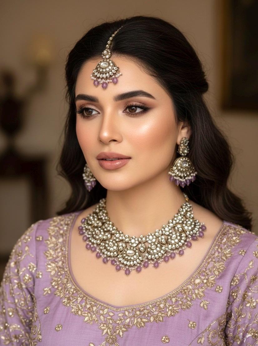 BANU Mauve/ Light purple and golden cz Kundan choker necklace set with maangtika, Indian Pakistani wedding bridal jewelry