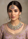 BANU Mauve/ Light purple and golden cz Kundan choker necklace set with maangtika, Indian Pakistani wedding bridal jewelry