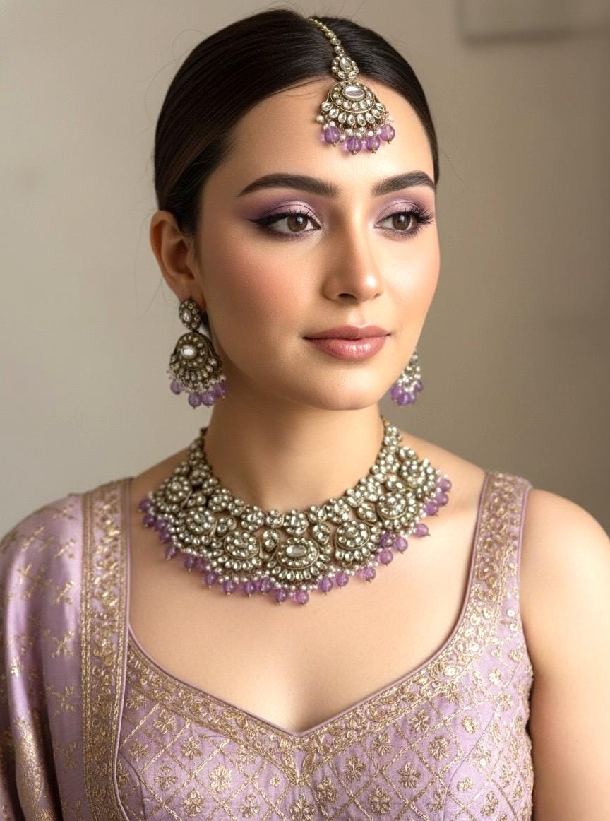 BANU Mauve/ Light purple and golden cz Kundan choker necklace set with maangtika, Indian Pakistani wedding bridal jewelry