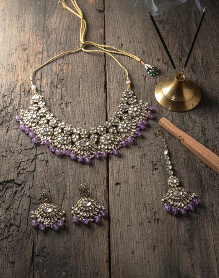 BANU Mauve/ Light purple and golden cz Kundan choker necklace set with maangtika, Indian Pakistani wedding bridal jewelry