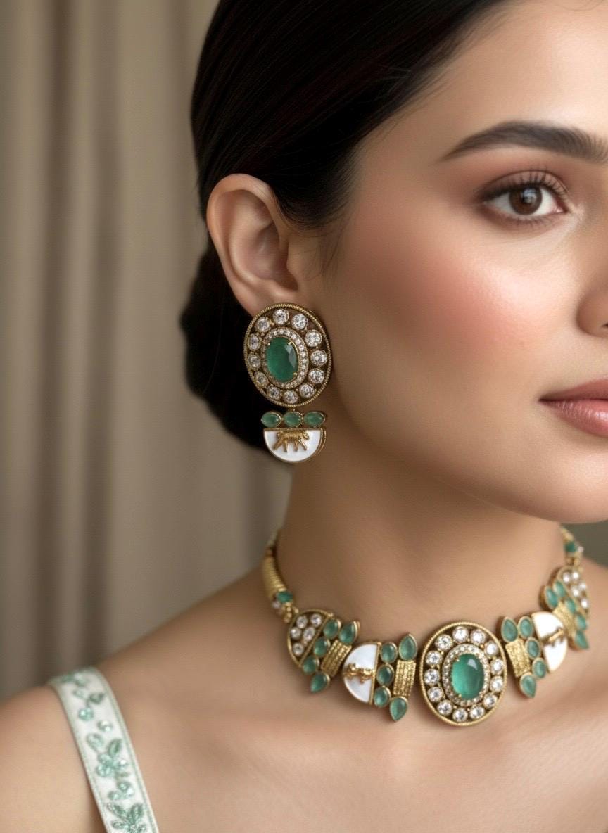 NIYA Sabyasachi inspired mint kundan choker with Earrings, Indian Pakistani traditional wedding jewelry,mint colour necklace set