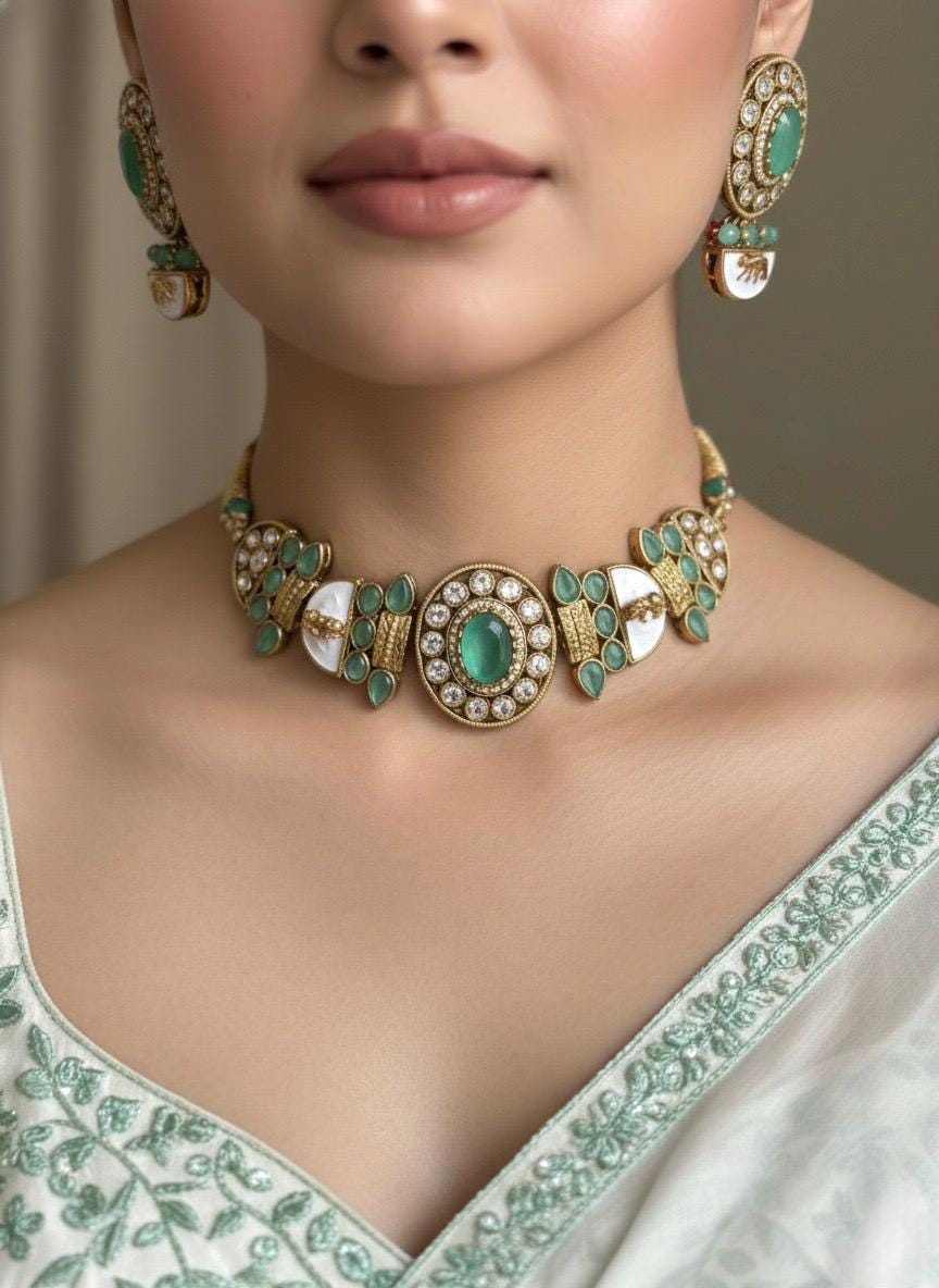 NIYA Sabyasachi inspired mint kundan choker with Earrings, Indian Pakistani traditional wedding jewelry,mint colour necklace set
