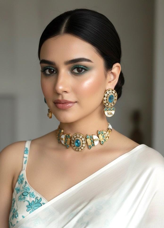 NIYA Sabyasachi inspired turquoise blue kundan choker with Earrings, Indian Pakistani traditional wedding jewelry, blue colour necklace set