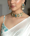 NIYA Sabyasachi inspired turquoise blue kundan choker with Earrings, Indian Pakistani traditional wedding jewelry, blue colour necklace set