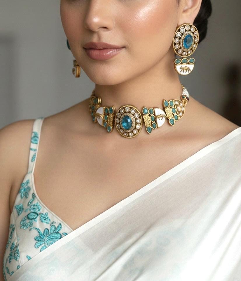 NIYA Sabyasachi inspired turquoise blue kundan choker with Earrings, Indian Pakistani traditional wedding jewelry, blue colour necklace set
