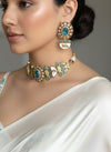 NIYA Sabyasachi inspired turquoise blue kundan choker with Earrings, Indian Pakistani traditional wedding jewelry, blue colour necklace set