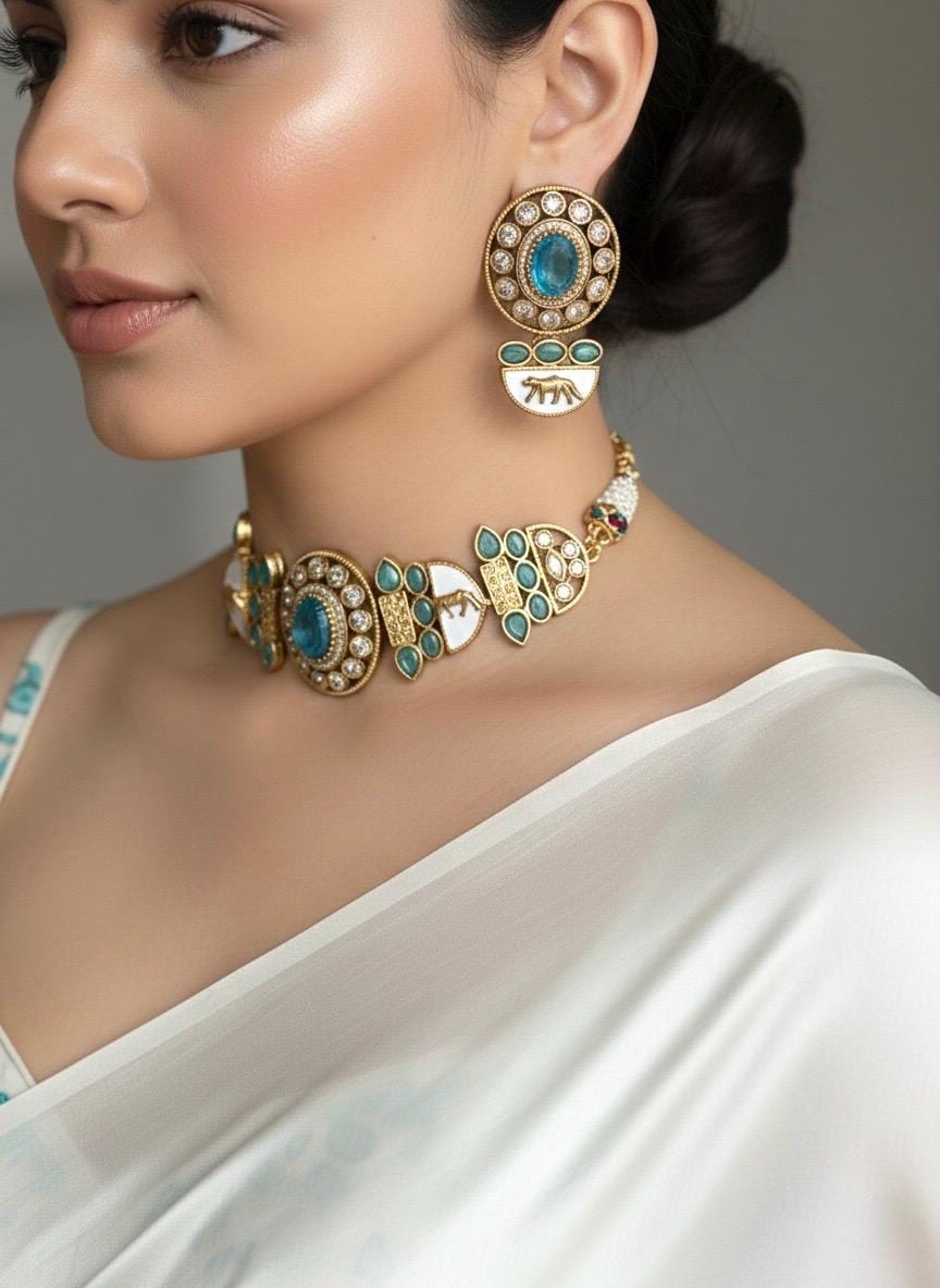 NIYA Sabyasachi inspired turquoise blue kundan choker with Earrings, Indian Pakistani traditional wedding jewelry, blue colour necklace set