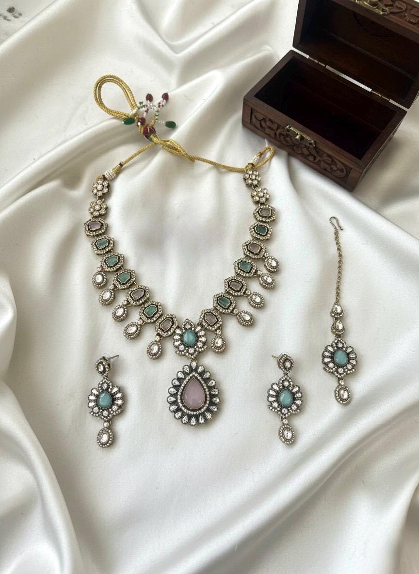 ZEYA Mint pink Kundan and cz zircon Choker necklace earrings and maangtika,Indian Pakistani traditional jewelery in Victorian style