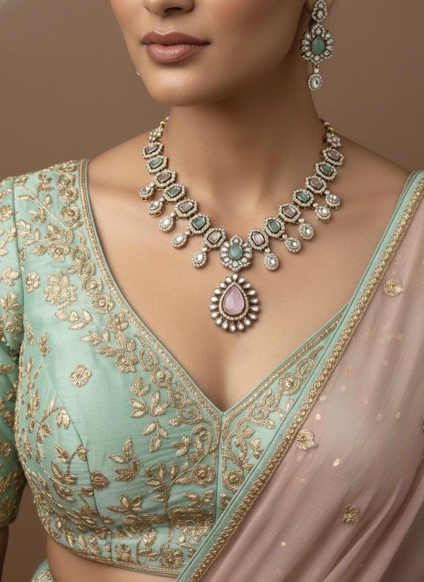 ZEYA Mint pink Kundan and cz zircon Choker necklace earrings and maangtika,Indian Pakistani traditional jewelery in Victorian style