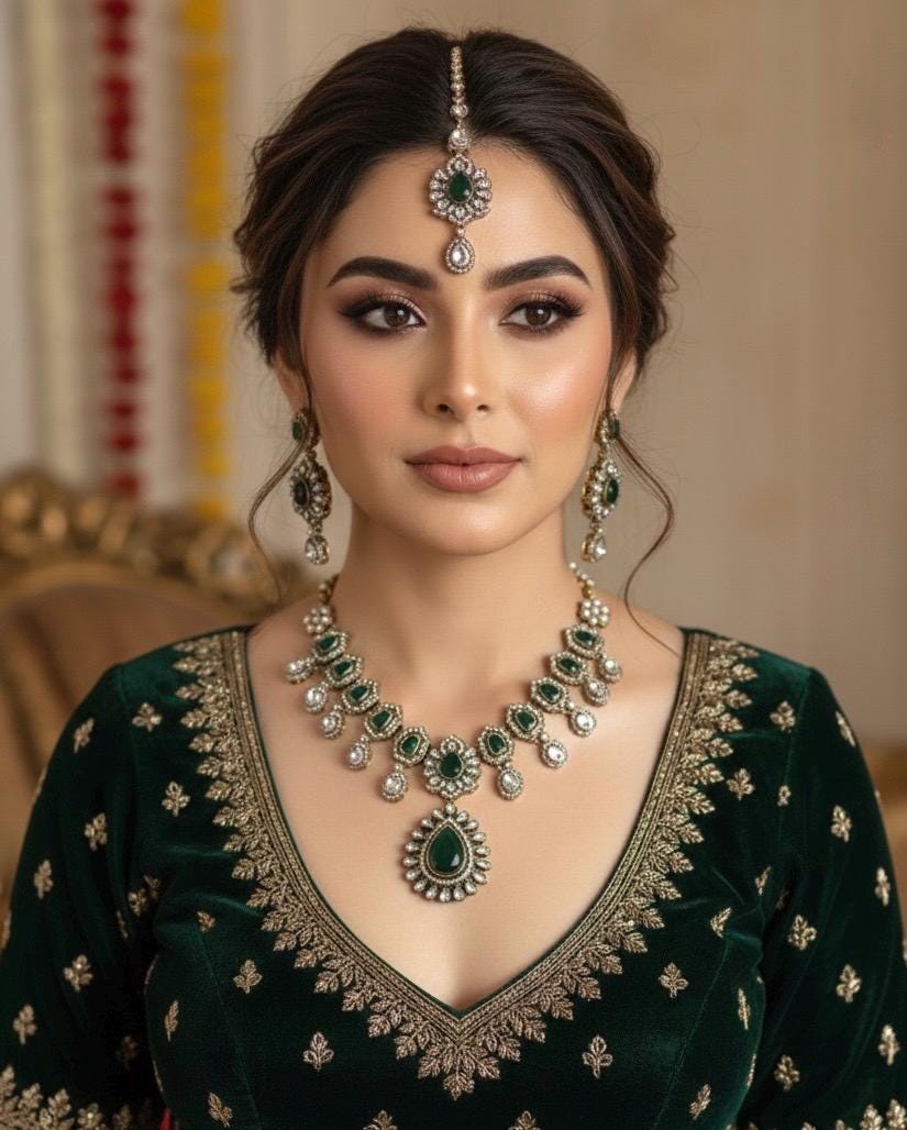 ZEYA Kundan and cz zircon Choker necklace earrings and maangtika in green colour ,Indian Pakistani traditional jewelery in Victorian style