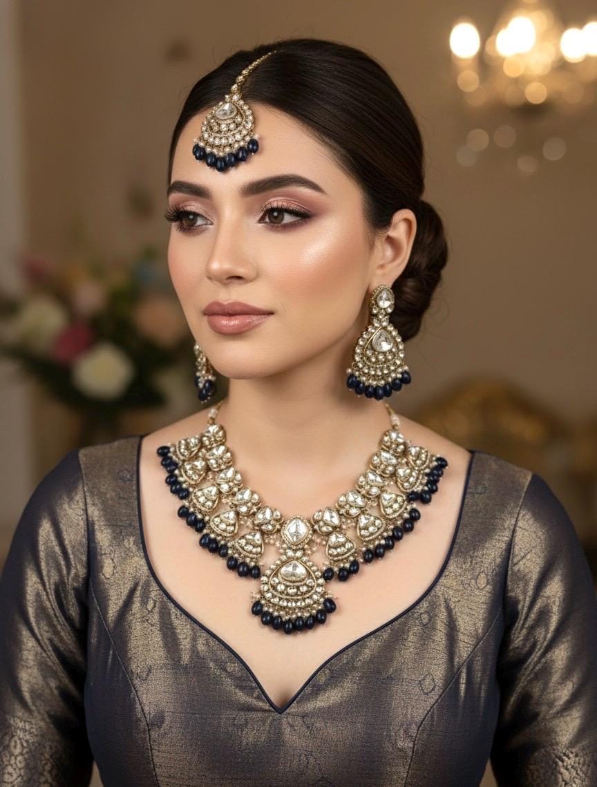CHARVI navy blue and golden cz Kundan necklace set with maangtika, Indian Pakistani wedding bridal jewelry