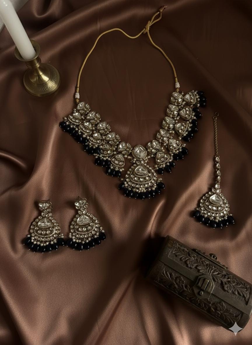 CHARVI navy blue and golden cz Kundan necklace set with maangtika, Indian Pakistani wedding bridal jewelry