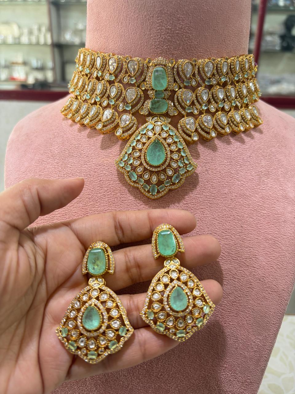SABEEN Mint green Doublet Stone kundan Necklace choker Set  Earrings,moissanite kundan Indian Pakistani wedding bridal  jewelry