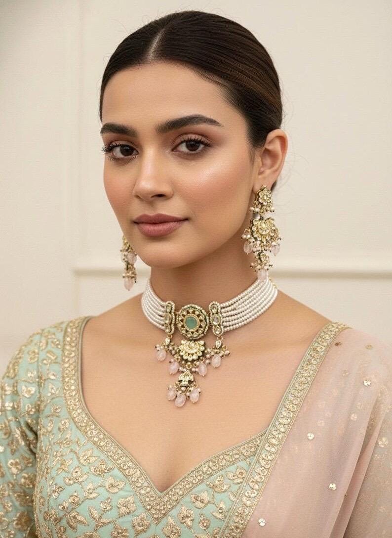 NADIRA Sabyasachi inspired mint pink Fusion Kundan choker set, necklace set, indian wedding Rajwada jewelry/ pakistani jewelry
