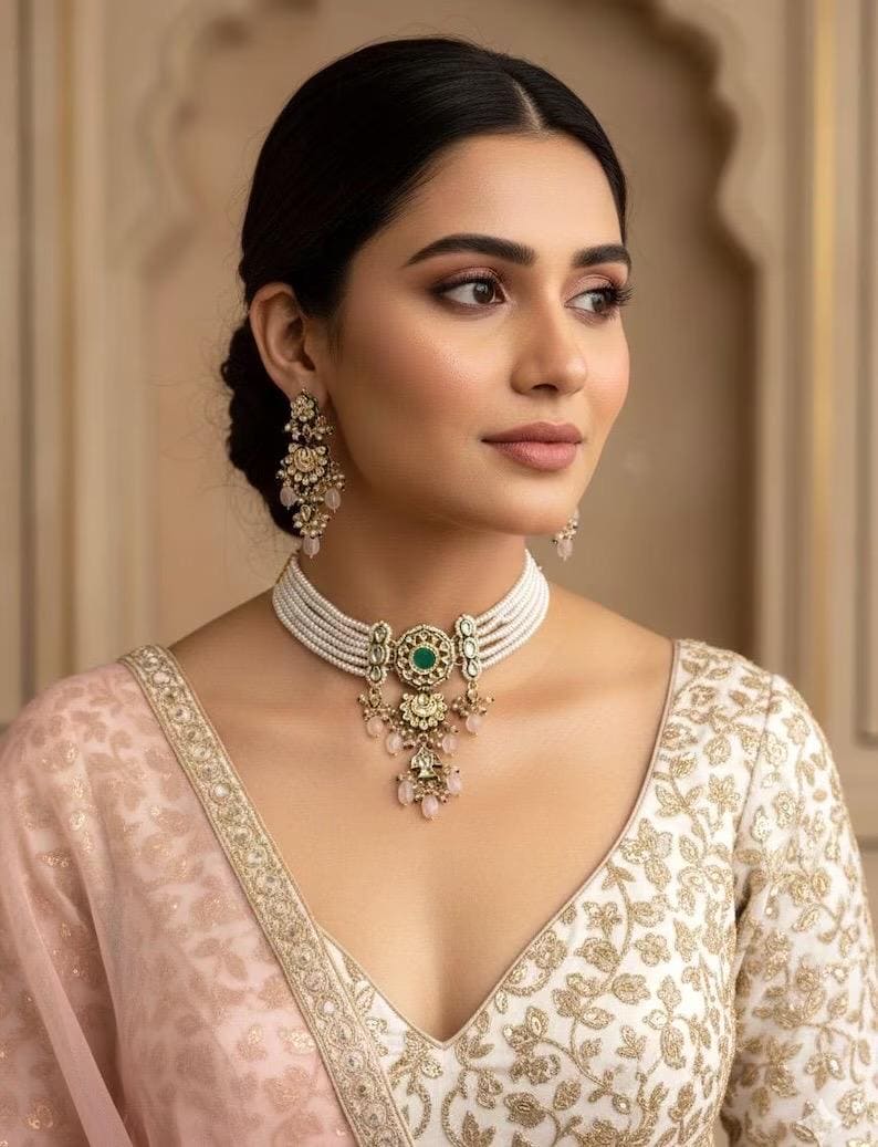NADIRA Sabyasachi inspired mint pink Fusion Kundan choker set, necklace set, indian wedding Rajwada jewelry/ pakistani jewelry