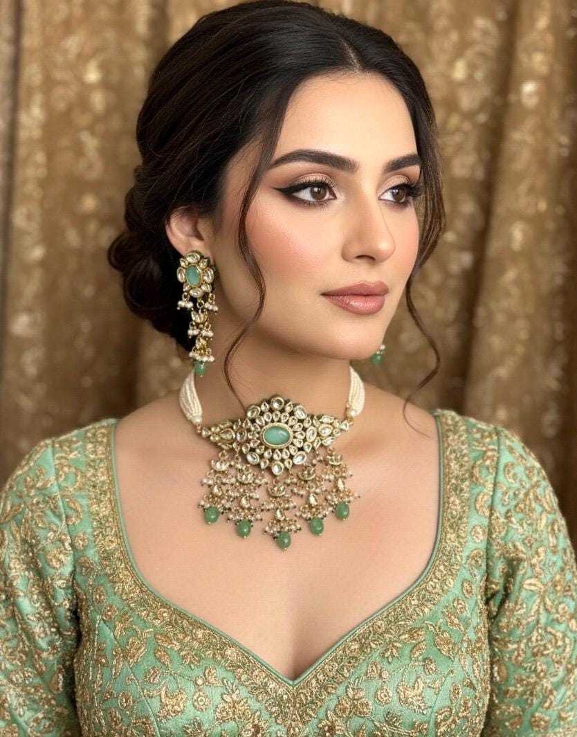 NASRIN Sabyasachi inspired Mint green Fusion Kundan choker set, necklace set, indian wedding Rajwada jewelry/ pakistani jewelry
