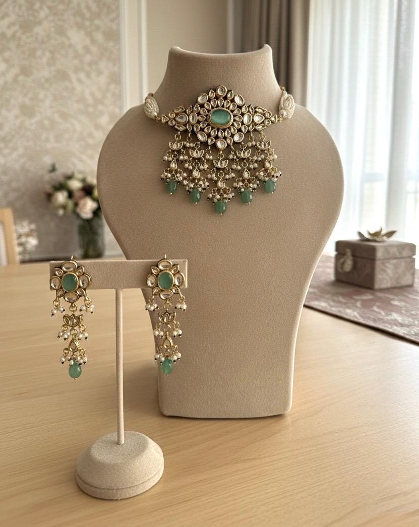 NASRIN Sabyasachi inspired Mint green Fusion Kundan choker set, necklace set, indian wedding Rajwada jewelry/ pakistani jewelry